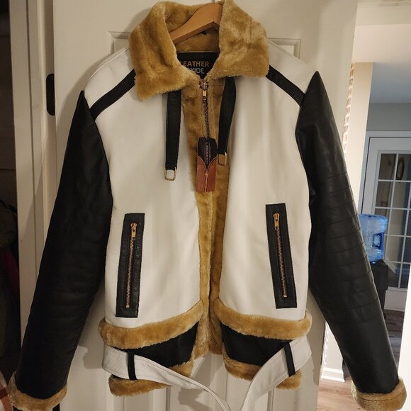Men Aviator B3 Bomber Leather Jacket - Black and white Medium - Picture 1 of 4